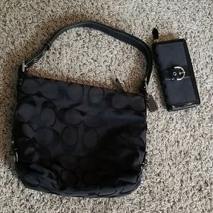Coach black Signature Canvas hobo bag w/wallet!